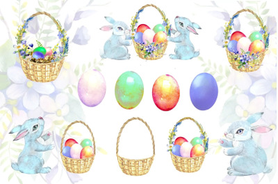 Watercolor Easter Clipart PNG&2C; Cute Bunny&2C; Easter Basket