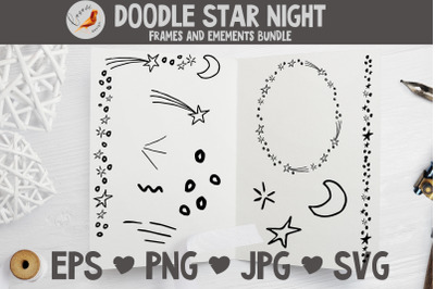 Doodle star night Frames and elements bundle PNG SVG