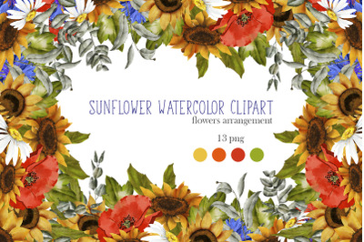 Sunflower Watercolor Clipart. Summer. Boho flower