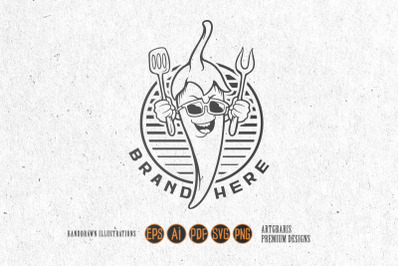 Chili chef restaurant logo mascot Monochrome