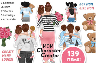 Mothers Day clipart, Mom clipart, Boy Mom, Girl Mom, Mother daughters