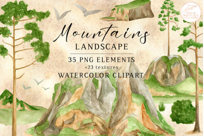 Watercolor Mountain Clipart. Pine Tree PNG. Summer Forest Landscape