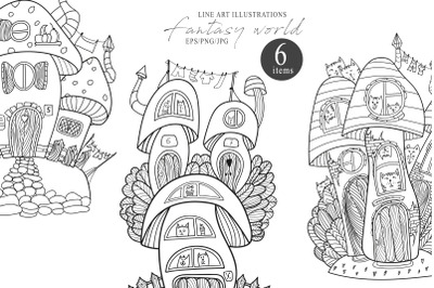 Magic cartoon mushroom coloring pages - 6 line illustrations
