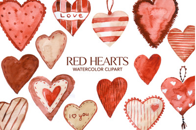Red Hearts Watercolor Clipart, Watercolor Shapes, Valentines