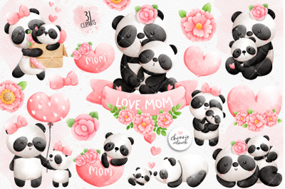 Panda mom and baby clipart, panda mother day clipart, mom and baby cli