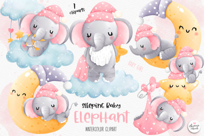 Sleeping baby elephant Clipart, baby girl clipart, baby girl elephant