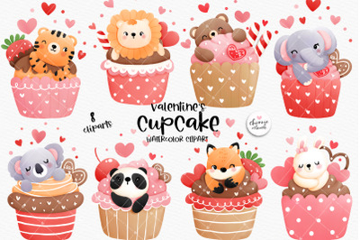 Valentines Animal Cupcake clipart, Valentines woodland animal clipart,