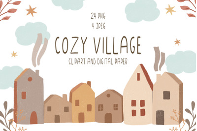Cozy village clipart PNG, Houses digital paper, Winter frame clipart,