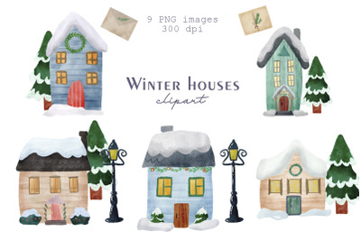 Watercolor house clipart PNG, Winter clipart, Christmas houses clipart