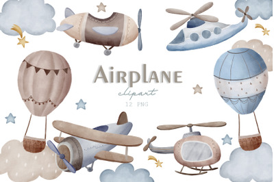 Watercolor airplane clipart PNG, Hot air balloon, Travel, Baby shower