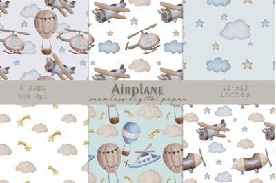 Watercolor airplane digital paper, Airplane wallpaper, Hot air balloon