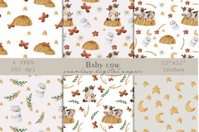 Watercolor baby cow seamless digital paper, Cow baby shower, Cow print