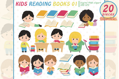 KIDS READING books clipart, Education graphic