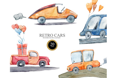 Watercolor cute retro cars clipart. Transport png files