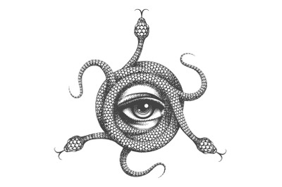 All Seeing Eye inside Snake Knot Masonic Symbol Hand Drawn Tattoo
