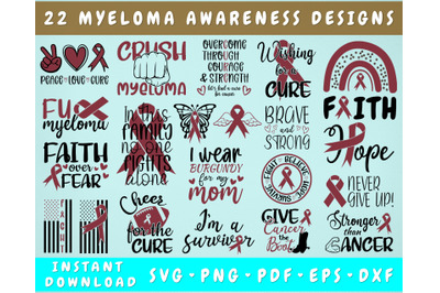 Myeloma Awareness SVG Bundle&2C; 22 Designs&2C; Burgundy Cancer Ribbon SVG