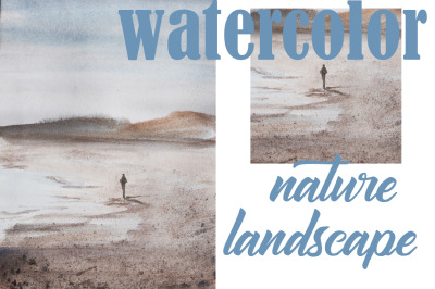 watercolor nature and landscape. human and ocean on seaside with hill