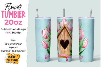 Spring tumbler sublimation design. Birdhouse and tulips