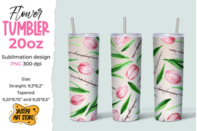 Spring tumbler sublimation design. Tulips and twigs pattern