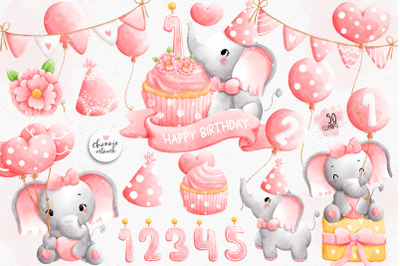 Baby girl elephant birthday clipart, elephant birthday clipart, birthday clipart, elephant clipart