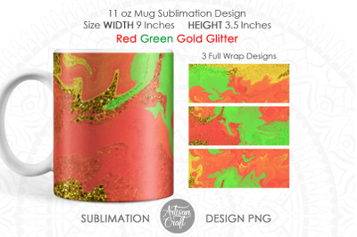 Sublimation designs for mugs, red and green mug with gold glitter, 11o