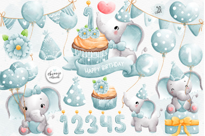 Baby boy elephant birthday clipart, elephant birthday clipart, birthday clipart, elephant clipart