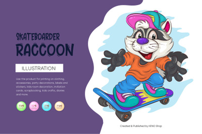 Cute Cartoon Raccoon on a skateboard. T-Shirt, PNG, SVG.