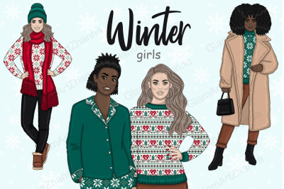 Winter Red Girls Clipart