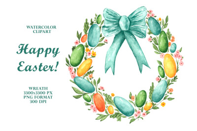 Easter wreath watercolor clipart. Happy Easter. Easter eggs, flowers.