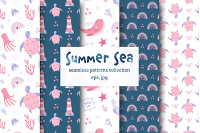 Summer Sea set of vector seamless patterns, EPS and JPG