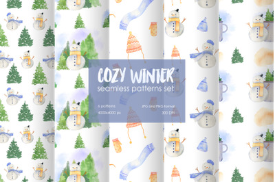 Winter set of watercolor seamless patterns