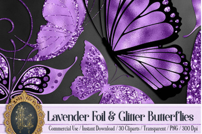 30 Lavender Purple Foil and Glitter Butterfly PNG Isolated