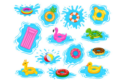 Swim rings, cartoon pool rubber toys with water splashes. Swimming wat