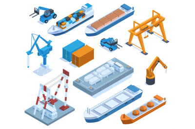 Isometric seaport elements, cargo ships, barges and containers. Marine