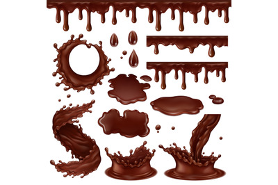 Realistic chocolate elements, hot cocoa drops, swirls and splashes. Dr