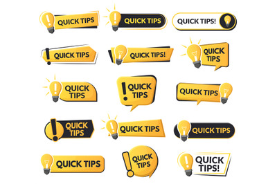 Quick tips helpful emblems, problem solution or advice speech bubbles.