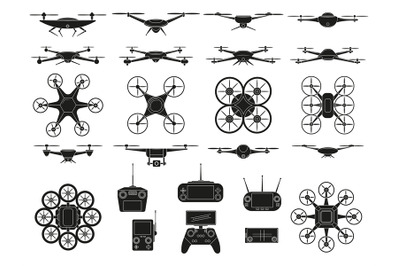 Drone icons, aerial quadcopters vehicles silhouette symbols. Modern un