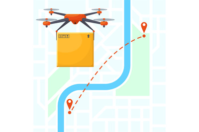 Drone delivery service, quadcopter gadget map location. Delivery unman