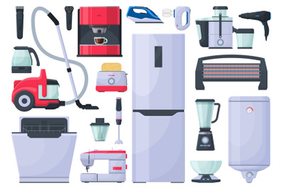 Home appliances, vacuum cleaner, iron and coffee machine. Refrigerator