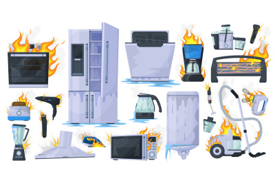 Broken, damaged household appliance, burnt refrigerator, toaster and w