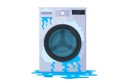 Damaged, leaked washing machine, broken household appliance. Broken do