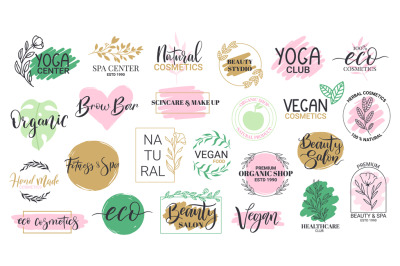 Organic beauty, spa and yoga center labels. Hand drawn emblems for yog