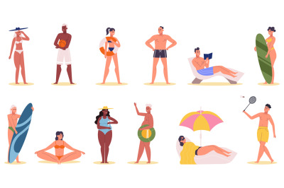 Summer beach activity characters, people sunbathing and swimming. Vaca