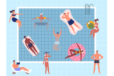 Summer pool party characters, swimming and relaxing people. Pool activ