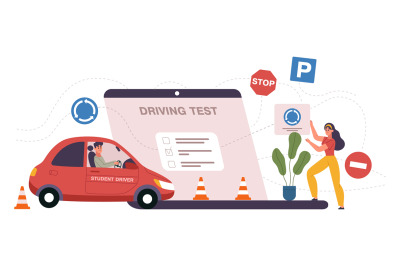 People learning at driving school, driving exam and practice concept.