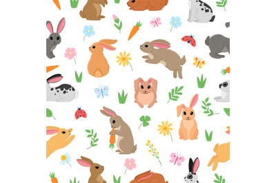 Cartoon spring easter rabbits and flowers seamless pattern. Traditiona