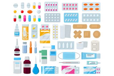 Cartoon pharmacy medication&2C; pills bottle&2C; drugs and patches. Medicine