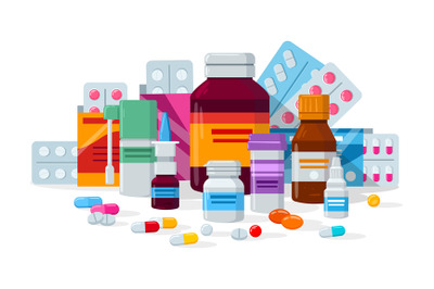 Cartoon medications, pill, drug and throat spray. Medicine bottles, ca