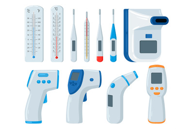 Cartoon thermometers, medical measuring temperature thermometer. Medic