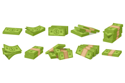 Cartoon dollar bunch, money cash wad. Green paper bills and bundles of